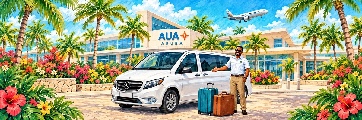 Illustration of an airport transfer van and a welcoming driver in Aruba
