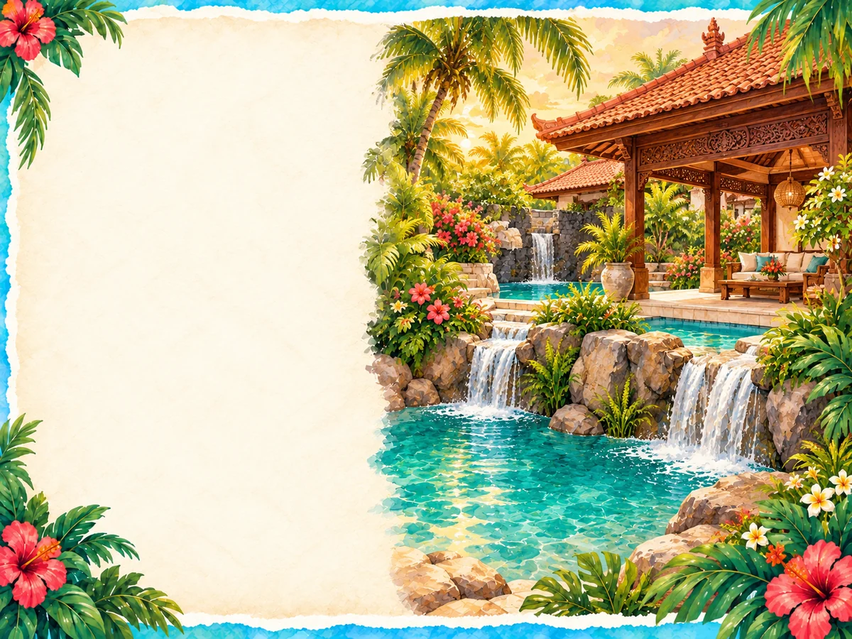 Illustration of Bali Retreat Aruba’s tropical villa and pool