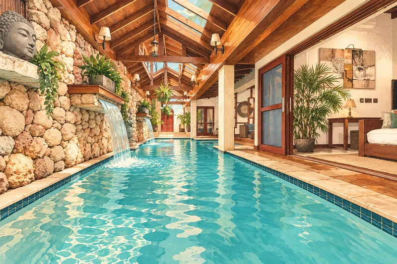 Vintage illustration of Bali Retreat Aruba’s real indoor pool, stone waterfalls and timber roof