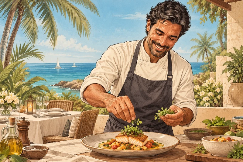 Vintage illustration of a chef preparing a private villa dinner in Aruba
