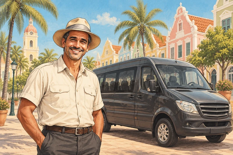 Vintage illustration of a welcoming tour guide and private van in Oranjestad