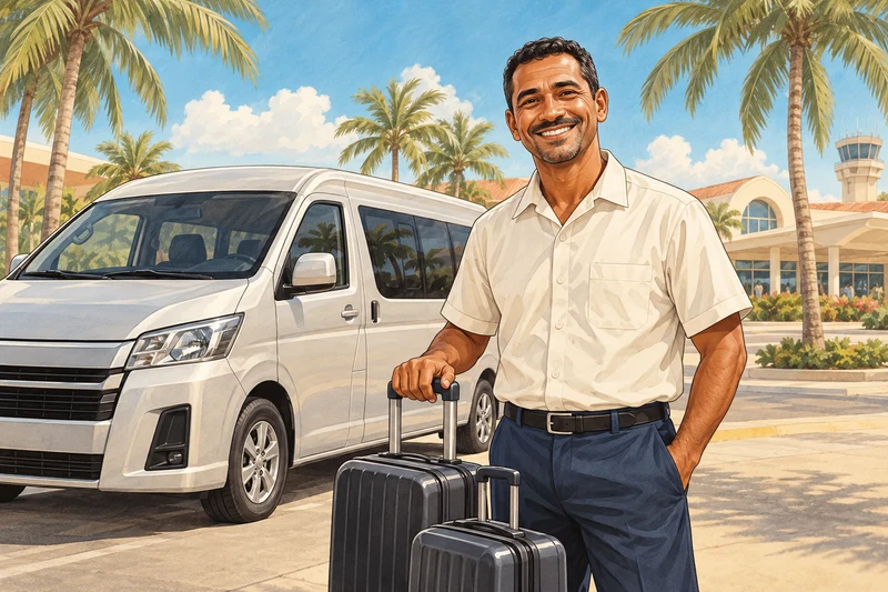 Vintage illustration of a welcoming airport driver, passenger van and luggage