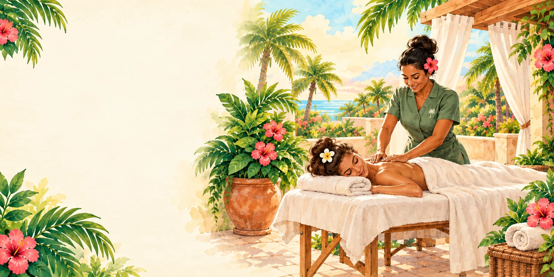 Watercolor of a relaxing massage on a leafy, sunlit Aruba terrace