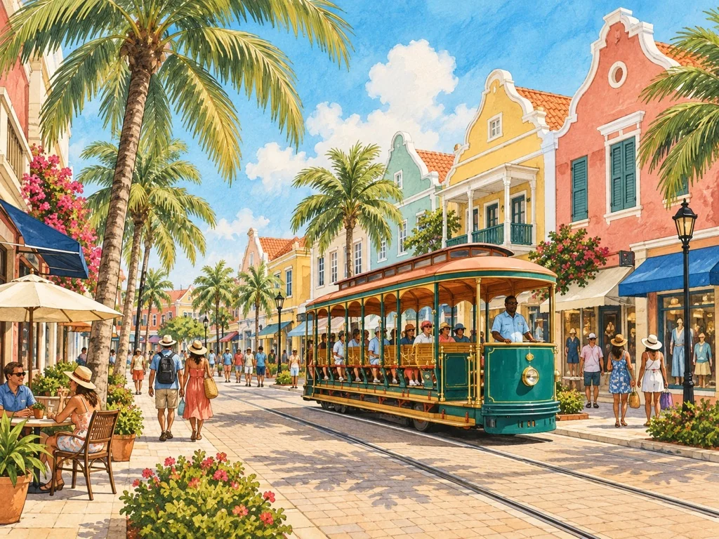 Colorful Oranjestad buildings and a private touring van