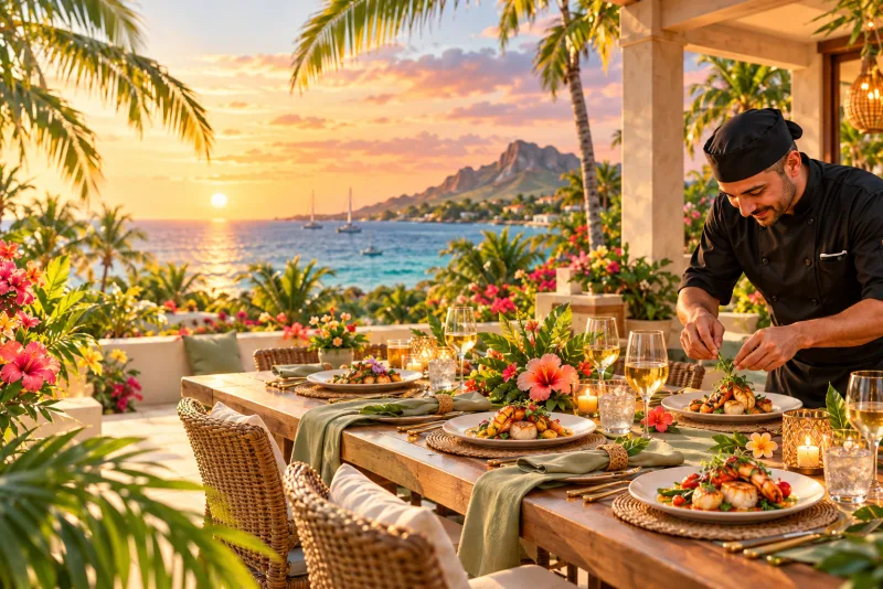 Illustration of a private chef preparing dinner on an Aruba terrace